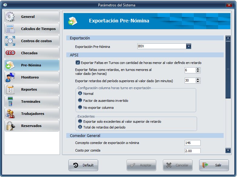 Configuración de exportación de pre-nómina